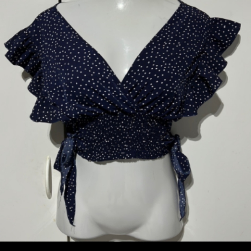 Navy blue and white polka dot cropped blouse size medium